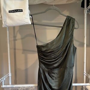 Shona Joy Olive One-Shoulder Satin Dress NWT